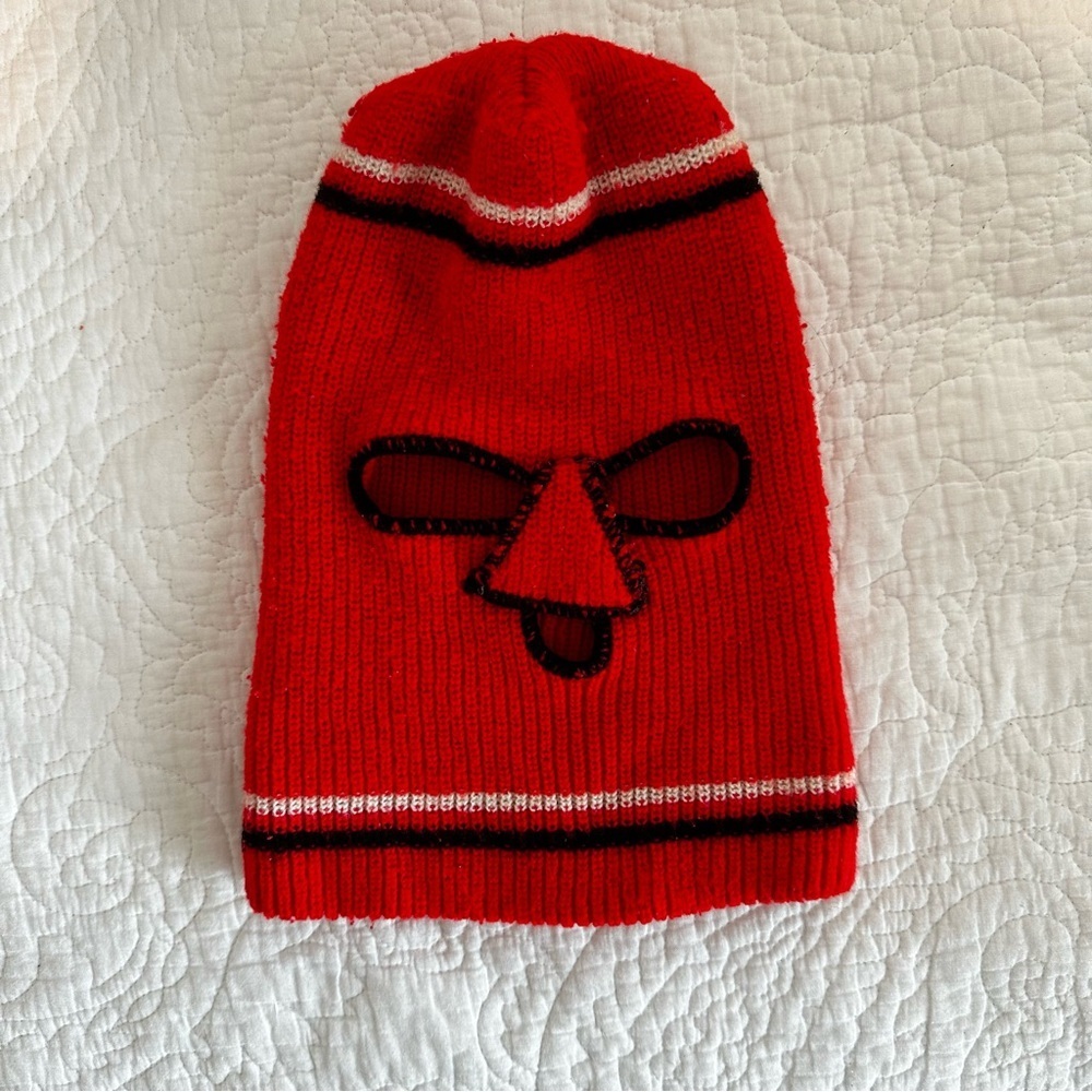Vintage 1970s Knit Ski Mask Red Balaclava Face Mask Retro Winter